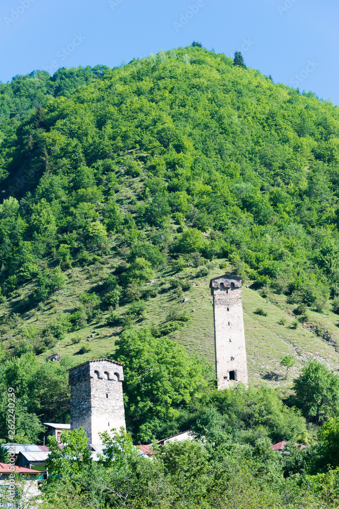 Mestia, Georgia - Jun 21 2018: Ancient towers at Mestia town. a famous landscape in Mestia, Samegrelo-Zemo Svaneti, Georgia.