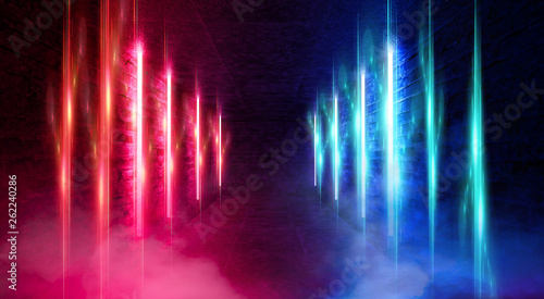 Light tunnel  dark long corridor room with neon lamps. Abstract blue and red neon  background with smoke and neon light. Concrete floor  symmetrical reflection and mirroring. 3D illustration.