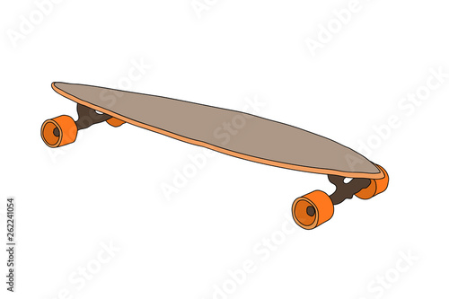 Longboard, skate with orange wheels, drawn doodle