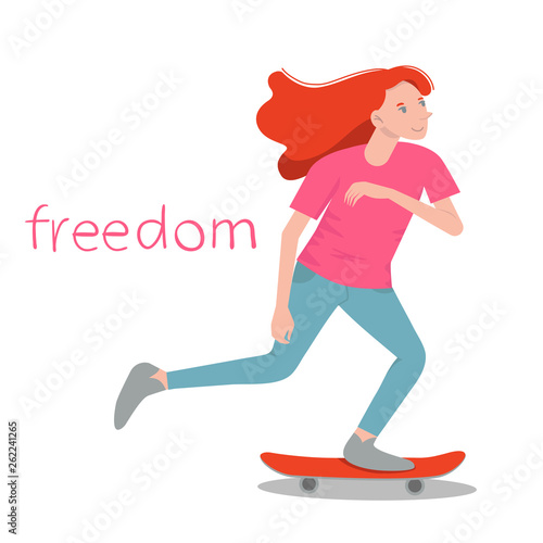 The girl skater. Beauty girl with red hair surf on skateboard. Flat vector illustration isolated object.
