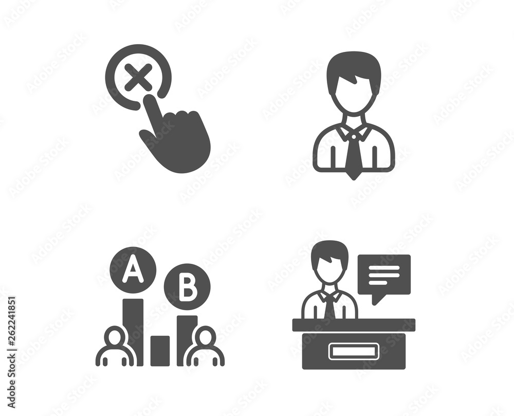 Fototapeta premium Set of Ab testing, Reject click and Businessman icons. Exhibitors sign. Test chart, Delete button, User data. Information desk. Classic design ab testing icon. Flat design. Vector