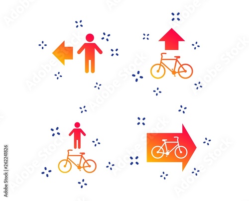 Pedestrian road icon. Bicycle path trail sign. Cycle path. Arrow symbol. Random dynamic shapes. Gradient pedestrian icon. Vector