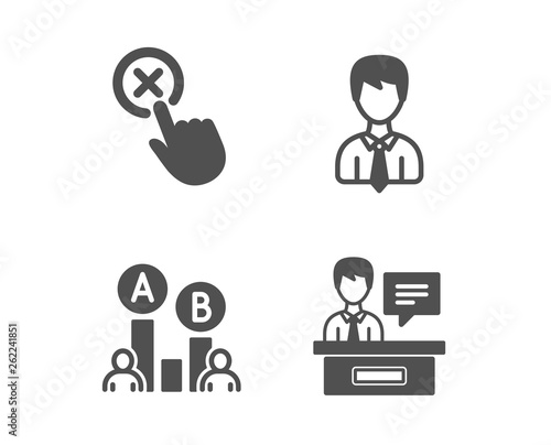 Set of Ab testing, Reject click and Businessman icons. Exhibitors sign. Test chart, Delete button, User data. Information desk.  Classic design ab testing icon. Flat design. Vector