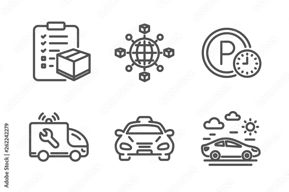 Parking time, Parcel checklist and Logistics network icons simple set. Taxi, Car service and Car travel signs. Park clock, Logistics check. Transportation set. Line parking time icon. Editable stroke Parking time, Parcel checklist and Logistics network icons simple set. Taxi, Car service and Car travel signs. Park clock, Logistics check. Transportation set. Line parking time icon. Editable stroke