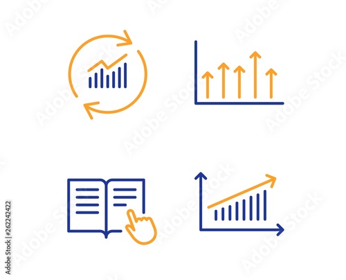 Read instruction, Update data and Growth chart icons simple set. Chart sign. Opened book, Sales statistics, Upper arrows. Science set. Linear read instruction icon. Colorful design set. Vector