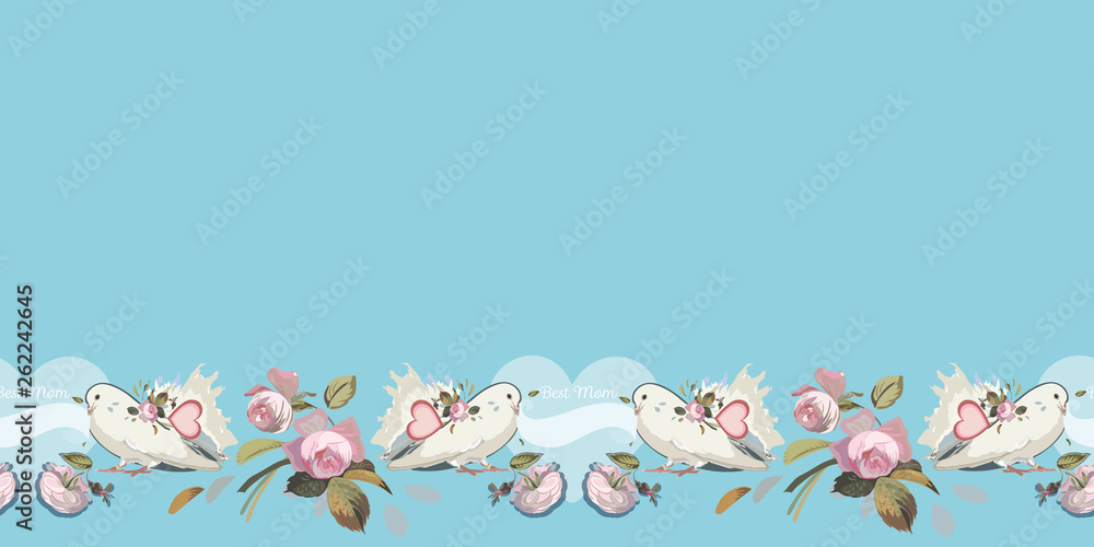 Blue border with dove, heart and rose. Blue border with dove, heart and rose.