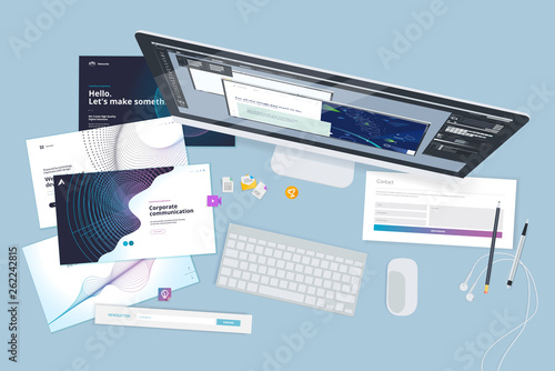 Creative workspace concept, top view. Flat design vector illustration for graphic and website design and development, creative process, business planning, strategy and presentation, internet marketing photo