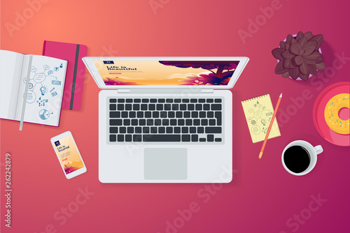 Creative workspace concept, top view. Flat design vector illustration for graphic and website design and development, creative process, business planning, strategy and presentation, internet marketing
