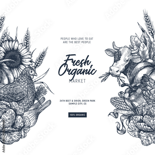 Summer rural design template. Fresh vegetables. Retro card. Farm vegetables and animals. Vector illustration