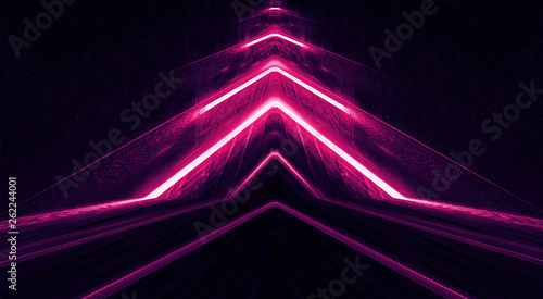 Light tunnel, dark long corridor room with neon lamps. Abstract red neon, background with smoke and neon light. Concrete floor, symmetrical reflection and mirroring. 3D illustration.
