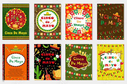Cinco de Mayo set greeting card, template for flyer, poster, invitation. Mexican celebration with traditional symbols. Collection with bunting, sambrero, tequila, cactus, maracas. Vector illustration.