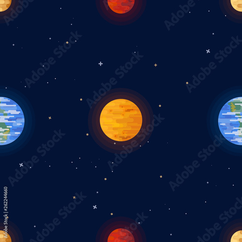 Space print. Seamless vector pattern. Different colored planets of the Solar system and stars. © lolya1988
