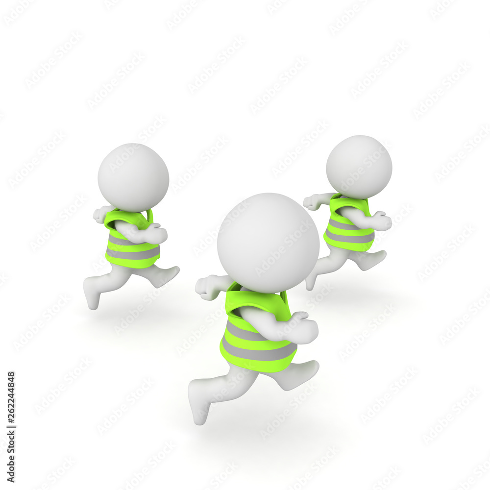 3D Rendering of yellow vest protesters running 3D Rendering of yellow vest protesters running