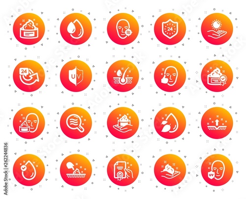Skin care cosmetic icons. Cream, Serum drop and Face gel or lotion icons. Uv protection. Oil, Vitamin E and Collagen symbols. 24 hour face care cream protection. Medical skin cosmetic. Vector