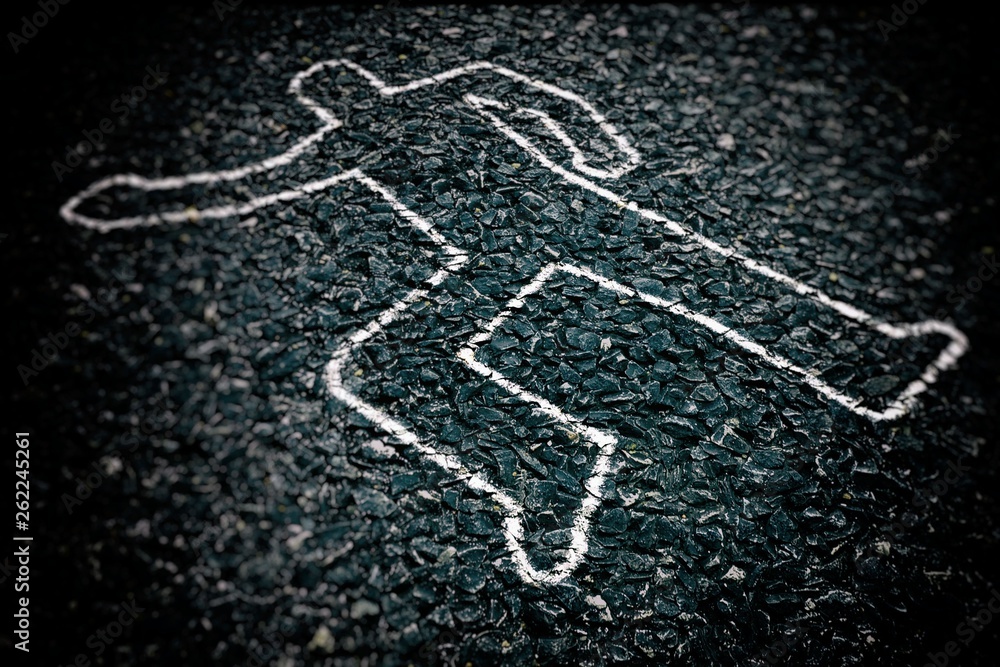 Crime Scene with Body Outline Chalk Drawing on Asphalt Ground, Selective  Focus. Stock Photo | Adobe Stock