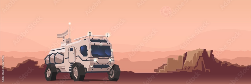 Fototapeta premium Mars rover vehicle on alien planet landscape background. Space travelling concept. Flat vector illustration. Horizontal.
