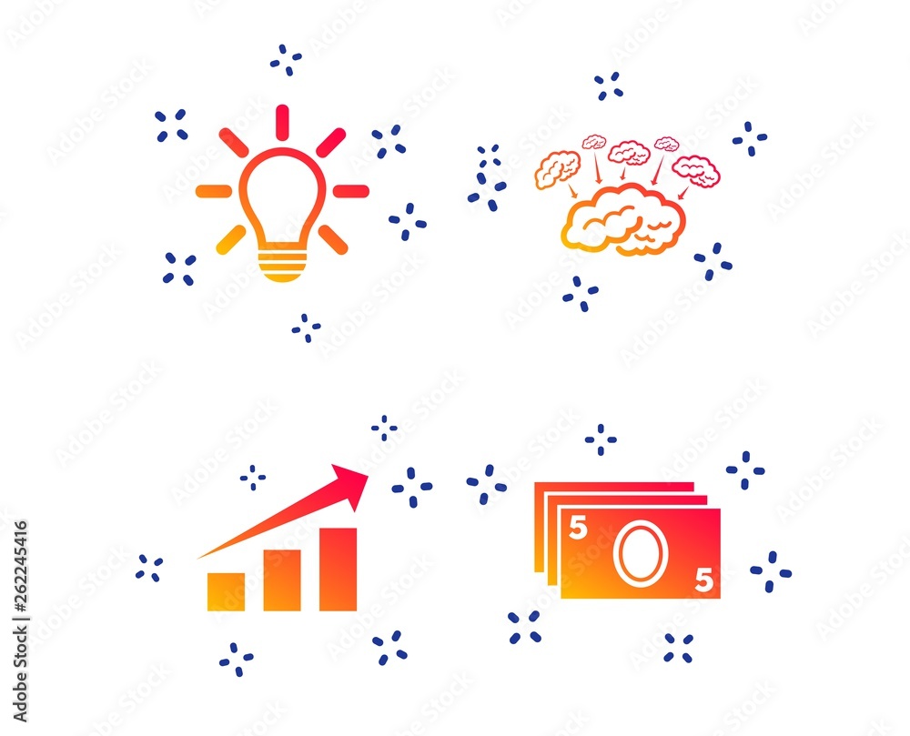 Chart with arrow, brainstorm icons. Cash money and lamp idea signs. Scheme and Diagram symbol. Random dynamic shapes. Gradient teamwork icon. Vector