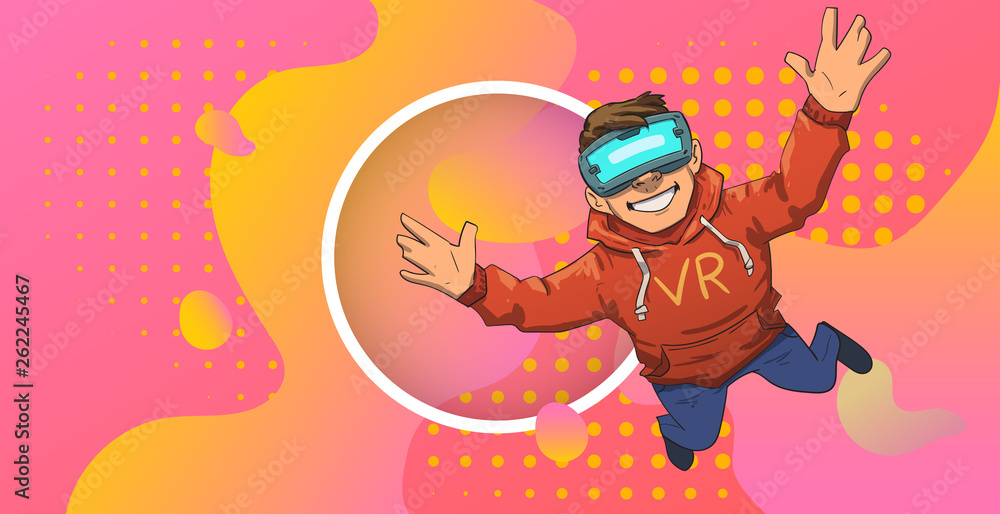 Young guy in VR headset flying on colorful abstract neon background with circle in the middle. Happy kid playing in virtual reality. Colorful flat vector illustration. Horizontal. Young guy in VR headset flying on colorful abstract neon background with circle in the middle. Happy kid playing in virtual reality. Colorful flat vector illustration. Horizontal.