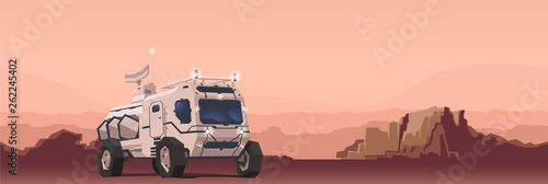 Mars rover vehicle on alien planet landscape background. Space travelling concept. Flat vector illustration. Horizontal.