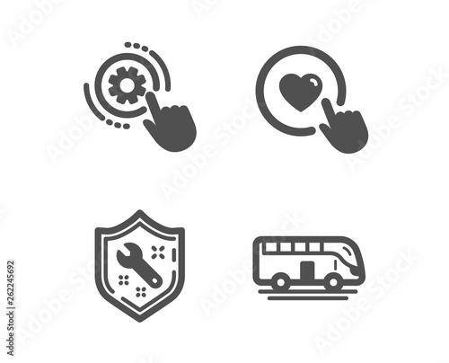 Set of Cogwheel settings, Spanner and Like button icons. Bus tour sign. Engineering tool, Repair service, Press love. Transport.  Classic design cogwheel settings icon. Flat design. Vector