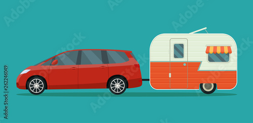 Minivan and trailers caravan isolated. Vector flat style illustration