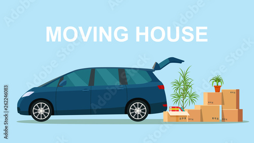 Things in the box next to the trunk of the minivan. Moving with boxes.  Vector flat style illustration