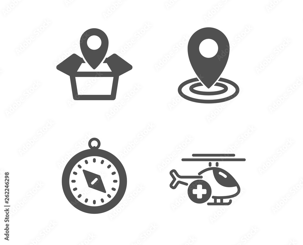 Set of Location, Travel compass and Package location icons. Medical helicopter sign. Map pointer, Trip destination, Delivery tracking. Sky transport. Classic design location icon. Flat design. Vector Set of Location, Travel compass and Package location icons. Medical helicopter sign. Map pointer, Trip destination, Delivery tracking. Sky transport. Classic design location icon. Flat design. Vector