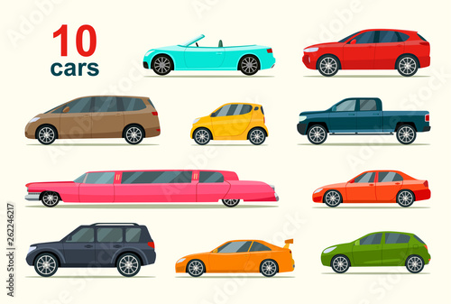 Big set of different models of cars. Vector flat style  illustration photo