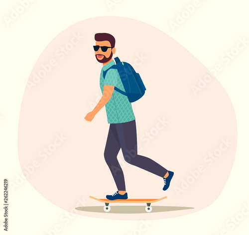 Young man in sunglasses riding a skateboard isolated. Vector flat style illustration