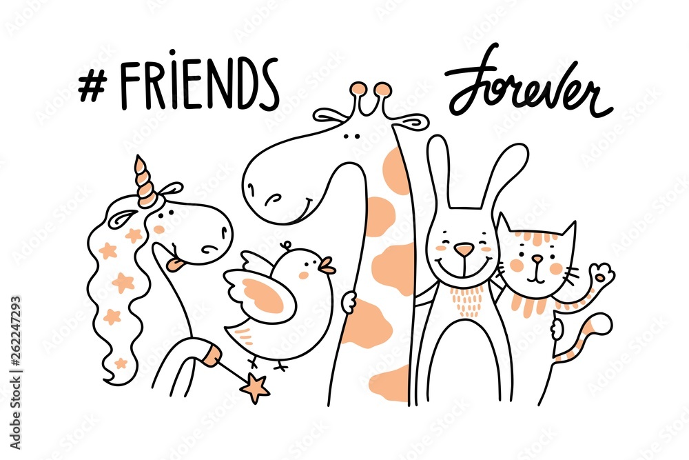 Five happy animal friends together and forever. Unicorn, bird, giraffe,  bunny and cat illustration cartoon vector poster Stock Vector | Adobe Stock