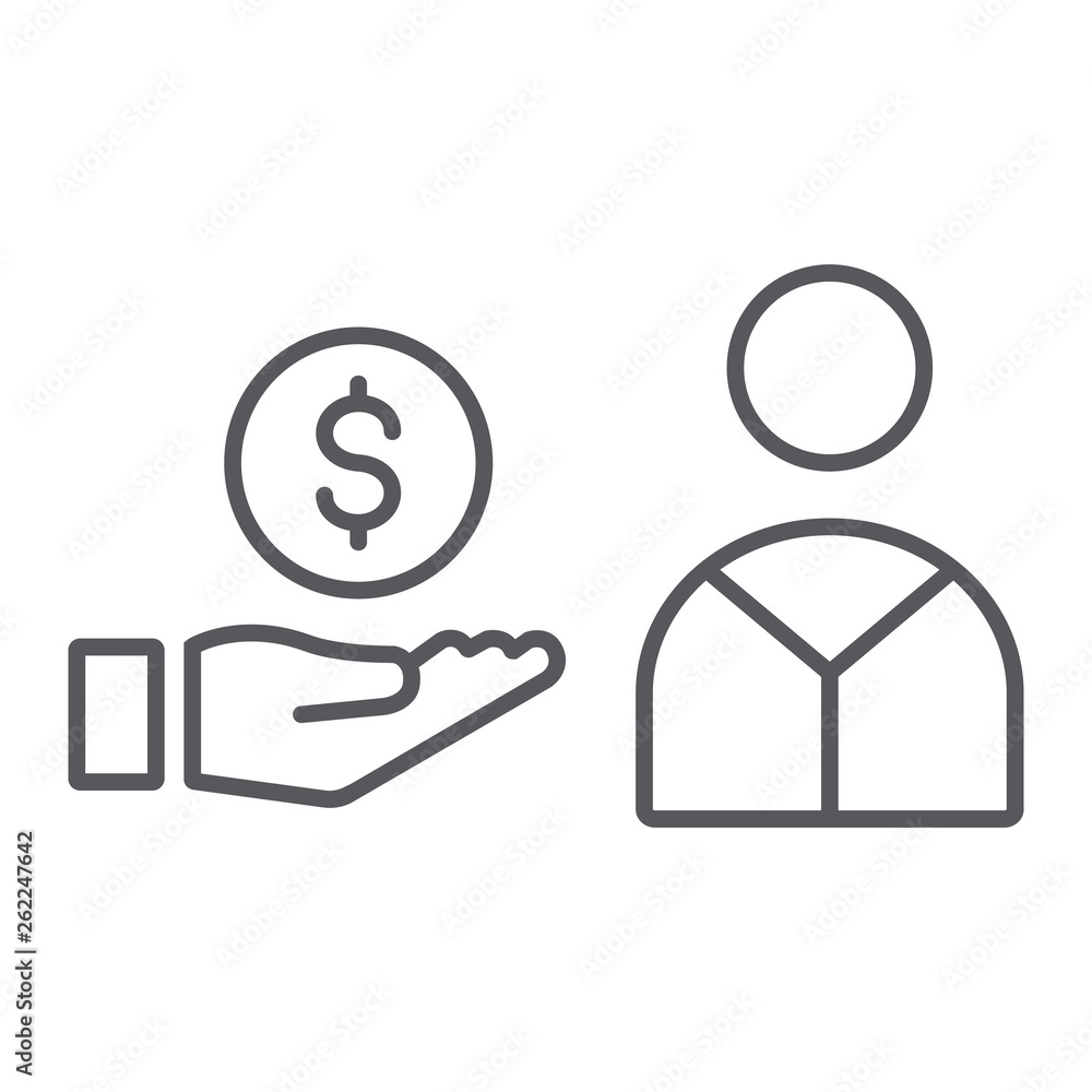 Salary thin line icon, finance and payment, hand with coin sign, vector graphics, a linear pattern on a white background. Salary thin line icon, finance and payment, hand with coin sign, vector graphics, a linear pattern on a white background.