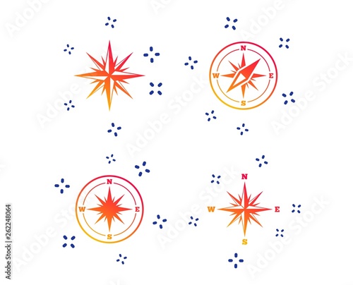 Windrose navigation icons. Compass symbols. Coordinate system sign. Random dynamic shapes. Gradient windrose icon. Vector