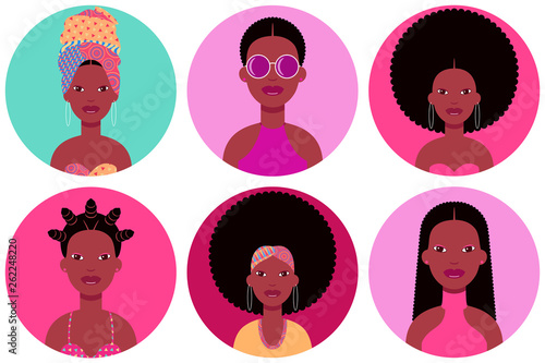 Set of six young black women round flat icons in different clothes and hairstyles. Six circle vector avatars of black female fashion 