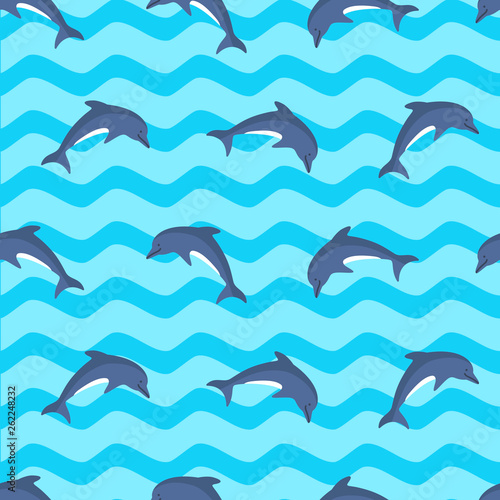 Marine seamless pattern with dolphins