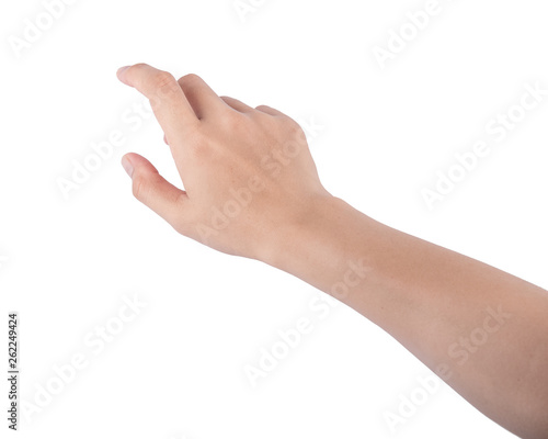 Woman hand touching screen Isolated on white background