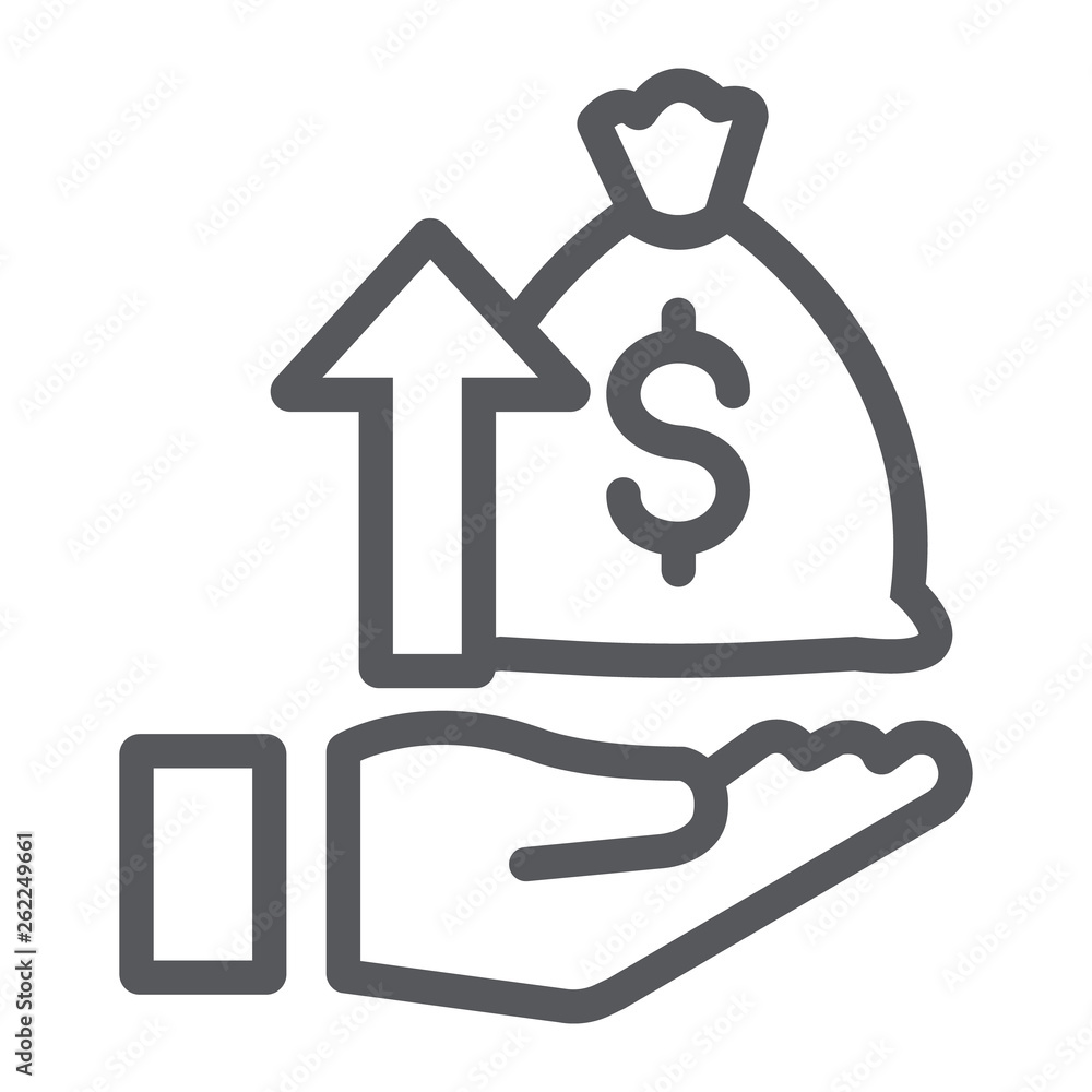 Raising funds line icon, money and increase, money bag and arrow up sign, vector graphics, a linear pattern on a white background. Raising funds line icon, money and increase, money bag and arrow up sign, vector graphics, a linear pattern on a white background.