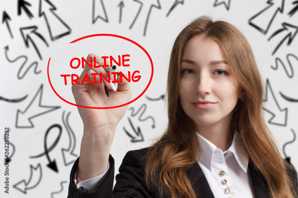 Business, technology, internet and networking concept. Young entrepreneur showing keyword: Online training Business, technology, internet and networking concept. Young entrepreneur showing keyword: Online training