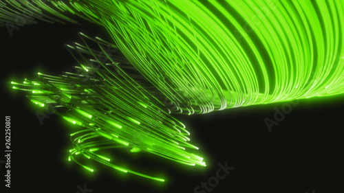 glowing fiber optic strings in dark. 3d illustration