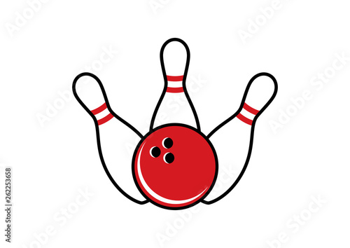 Bowling pins and bowling ball vector. Bowling icon isolated on a white background. Bowling logo vector. Three white bowling pins and red bowling ball
