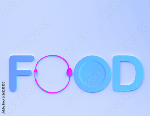 Cafe or restaurant emblem. food word sign logo with spoon and fork on blue colors background. minimal food concept.