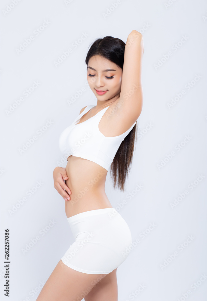 Portrait young asian woman smiling beautiful body diet with fit isolated on white background, model girl weight slim with cellulite or calories, health and wellness concept. Portrait young asian woman smiling beautiful body diet with fit isolated on white background, model girl weight slim with cellulite or calories, health and wellness concept.
