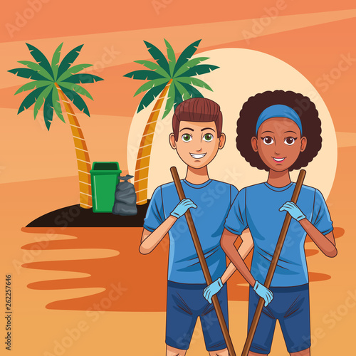 Teenagers cleaning beach