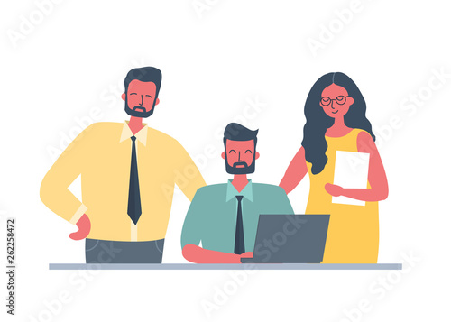 Group of office workers. Team work concept. Young man is working on laptop. Other employees are standing near him. People icons. Funky flat style. Vector illustration.