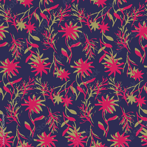 Bright dark seamless pattern with hand drawn overlapping red and green inky flowers and leaves on black background. Trendy chinese ink floral texture for textile, wrapping paper, surface, wallpaper