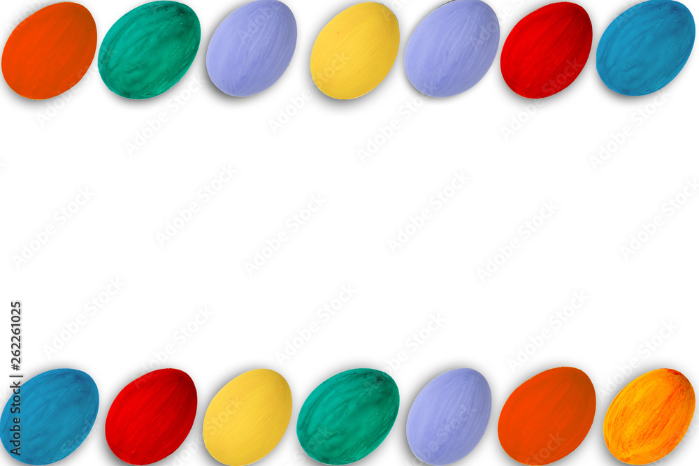 Happy Easter card. Colorful shiny easter eggs on isolated white background. Copy space for text. Happy Easter card. Colorful shiny easter eggs on isolated white background. Copy space for text.