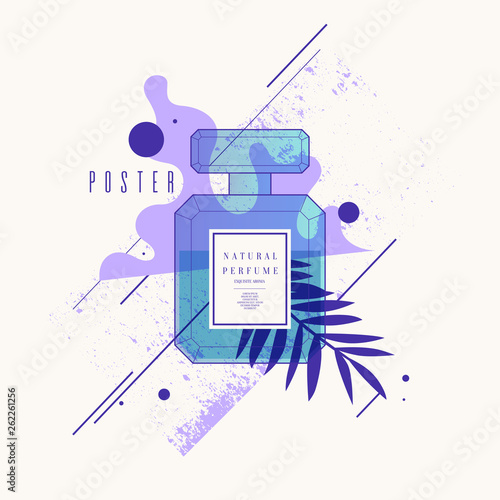 Perfume bottle with geometric pattern. Bright modern poster for advertising and sale Fragrance.