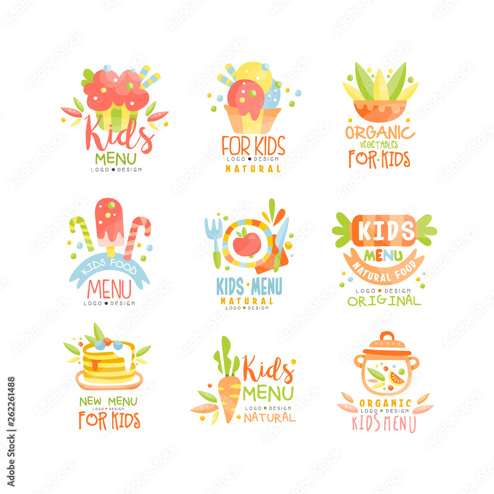 Kids menu logo design set, healthy organic food creative templates vector Illustration