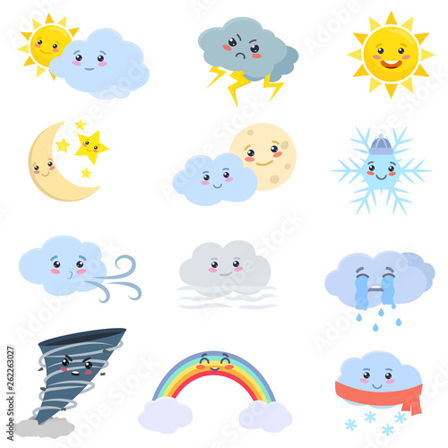Weather set. Cloud  sun  rain  wind  fog  snow  tornado  moon  etc. Cartoon drawing. Weathering events characters collection. Isolated vector illustration