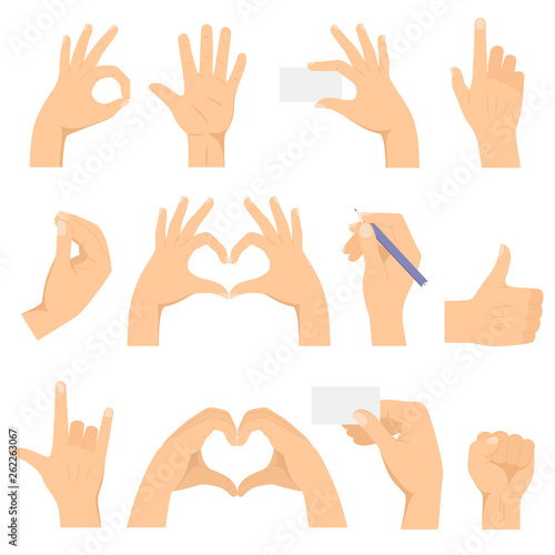 Hand gestures set. Hands make a gesture. Shows OK, heart, thumb up, horns, fist, index finger, holds business card and a pencil. Isolated vector illustration