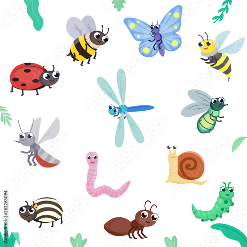 Insect set. Cute insects, cartoon style. flying and crawling. butterfly, bee, wasp, fly, ladybug, dragonfly, ant, colorado beetle, mosquito, caterpillar, snail, worm. Isolated illustration © Mintoboru